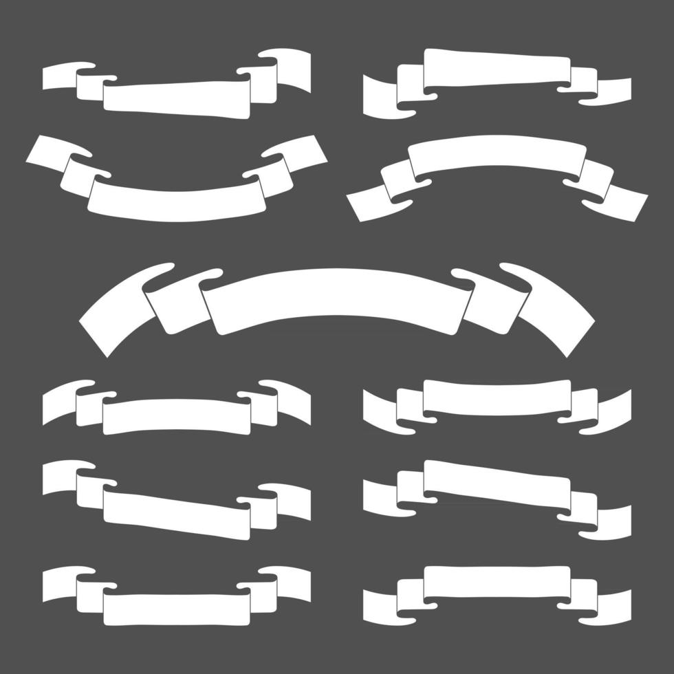 set di sagome bianche di striscioni a nastro. con spazio per il testo. una semplice illustrazione vettoriale piatta isolata su uno sfondo nero. adatto per infografica, design, pubblicità, vacanze, etichette.