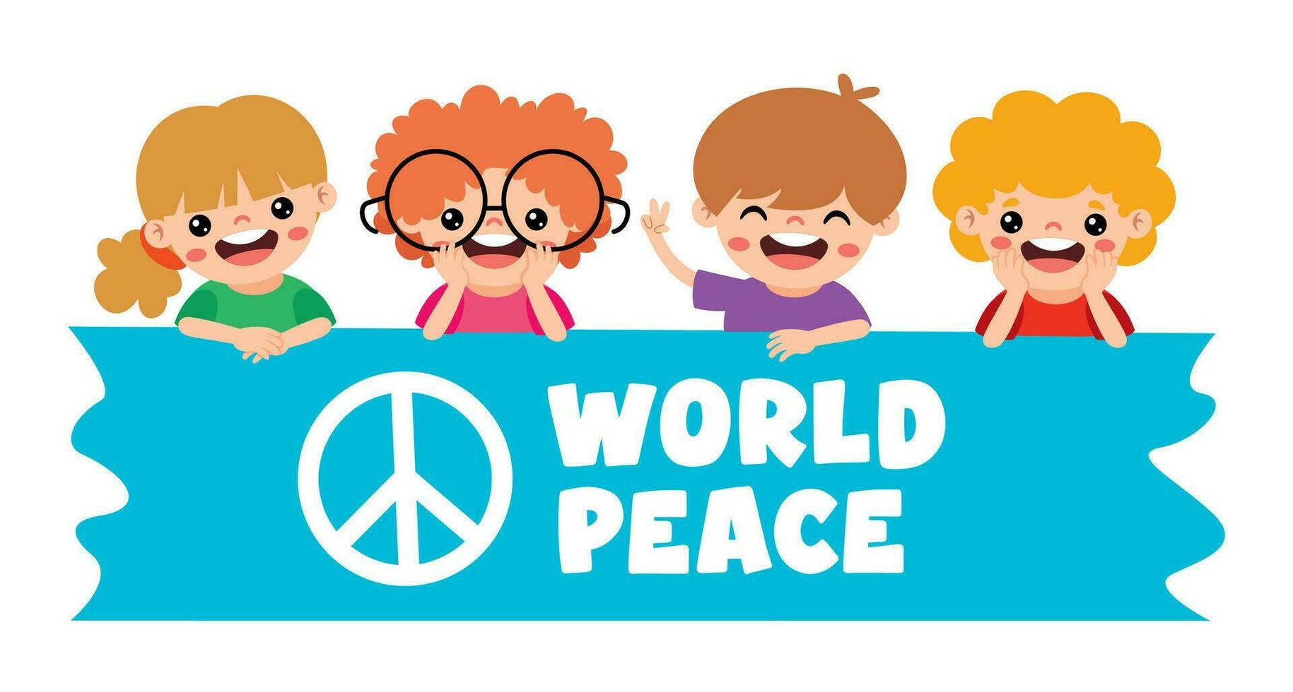 cartone animato bambini in posa con pace cartello vettore