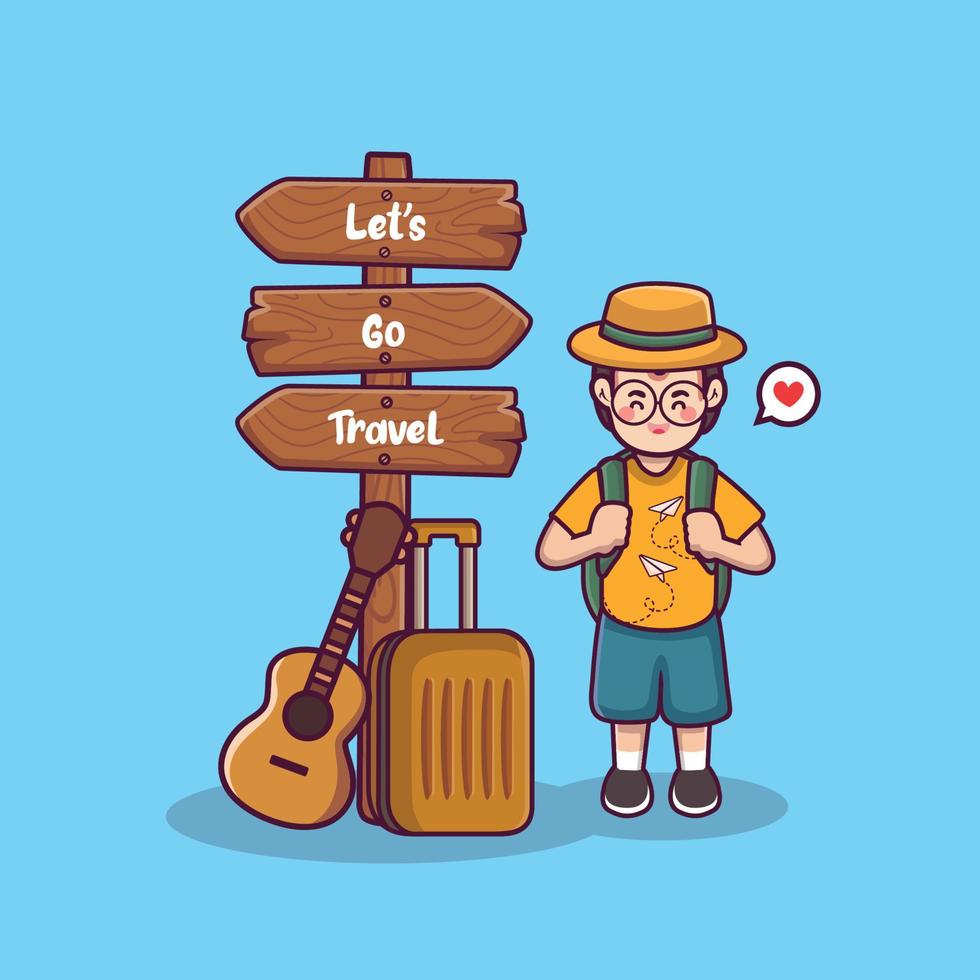 lo sfondo della giornata mondiale del turismo lascia andare l'illustrazione di viaggio simpatico cartone animato del ragazzo con la valigia turistica vettore