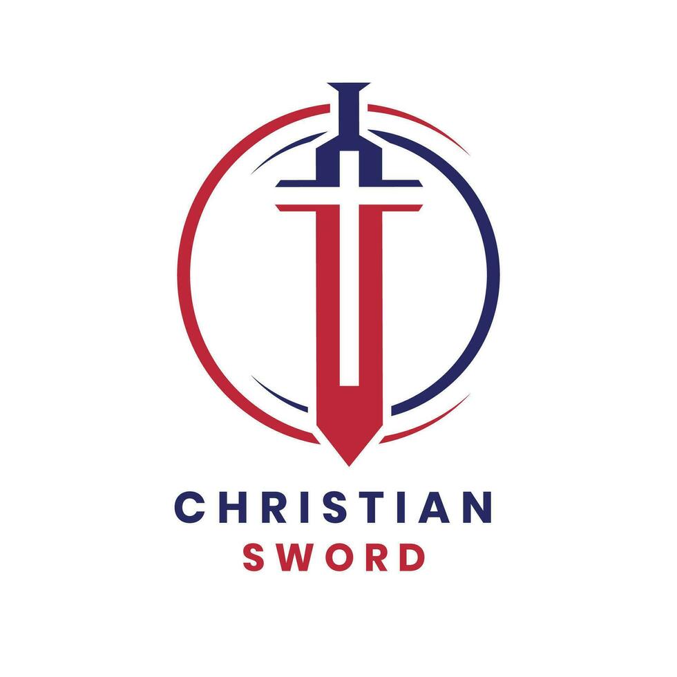 cristiano cartello con spada logo design per Chiesa e benessere vettore