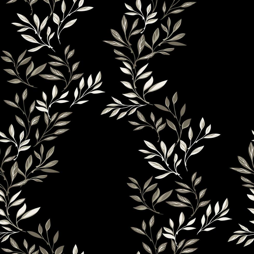 minuscolo beige le foglie stelo intrecciate nel un' senza soluzione di continuità modello su un' buio nero sfondo. vettore mano disegnato schizzo arte. creativo, stilizzato delicatamente piccolo fogliame semplice Stampa. modello per design