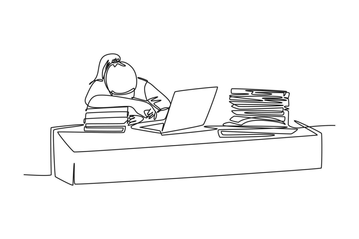 singolo continuo linea disegno di giovane stanco femmina dipendente addormentato su il opera scrivania con il computer portatile e mucchio di carte. opera fatica a ufficio concetto. uno linea disegnare grafico design vettore illustrazione