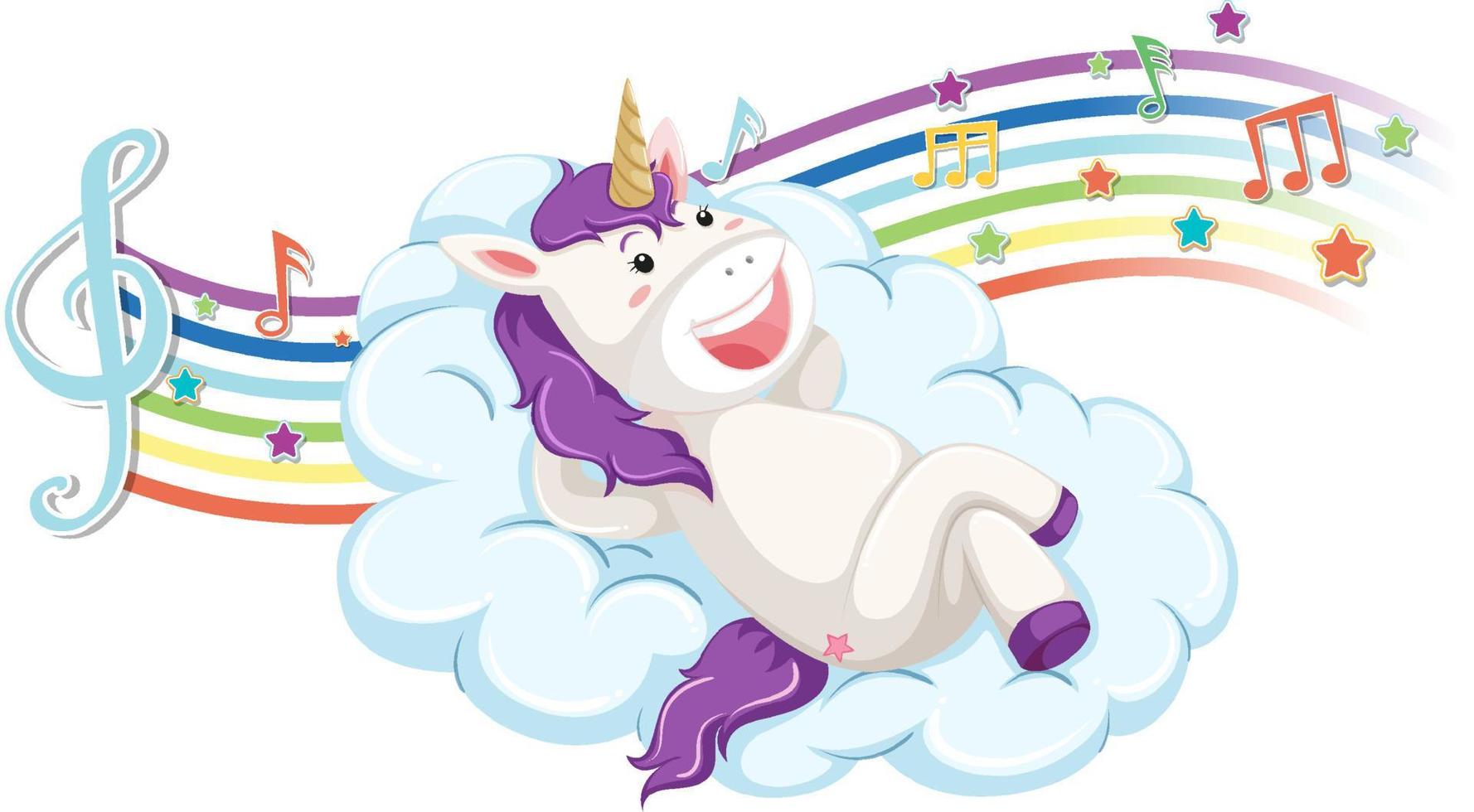 simpatico unicorno in piedi sulla nuvola con simboli di melodia sull'arcobaleno vettore