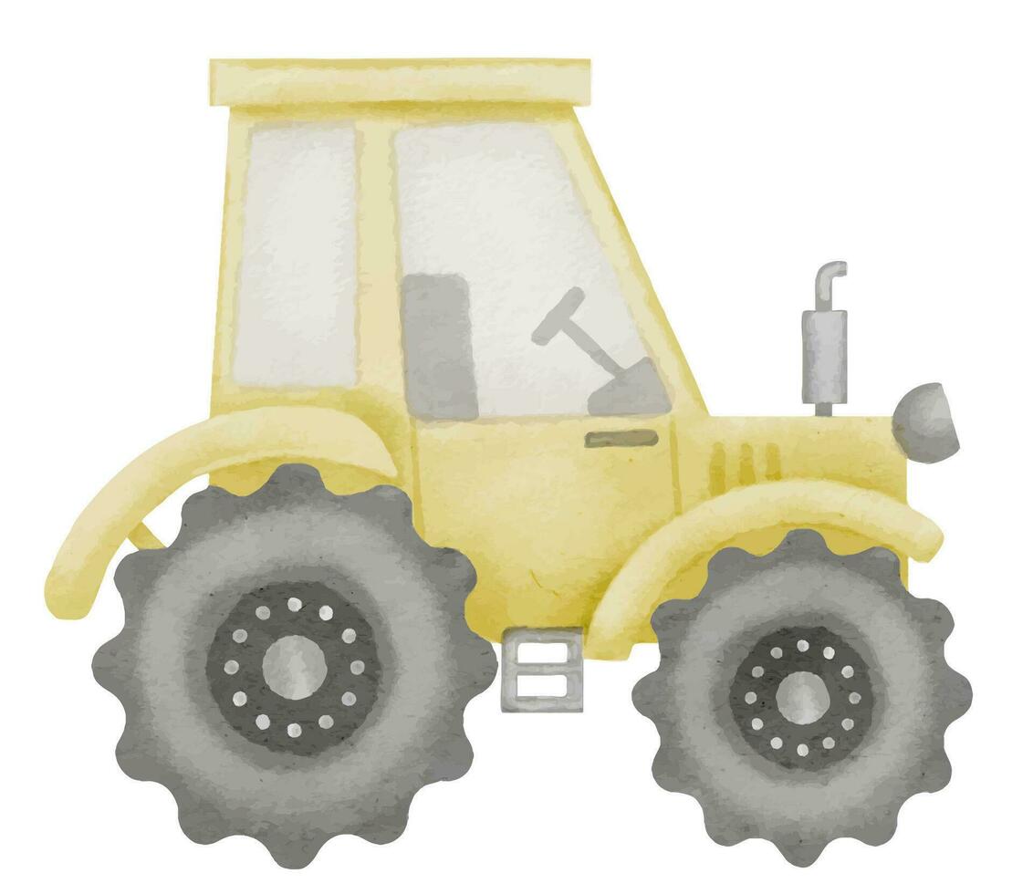 trattore acquerello illustrazione. mano disegnato clip arte di bambino giocattolo giallo camion su isolato sfondo. disegno di un agrimotor auto per un' ragazzi gioco. schizzo di macchine per costruzione e azienda agricola vettore