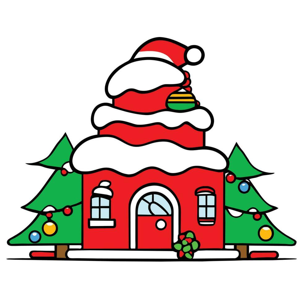 un' cartone animato Casa con un' Santa cappello su superiore vettore