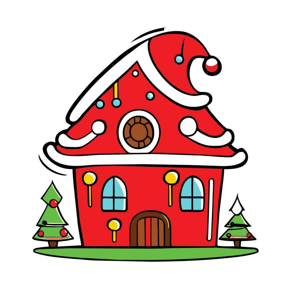 un' cartone animato Casa con un' Santa cappello su superiore vettore