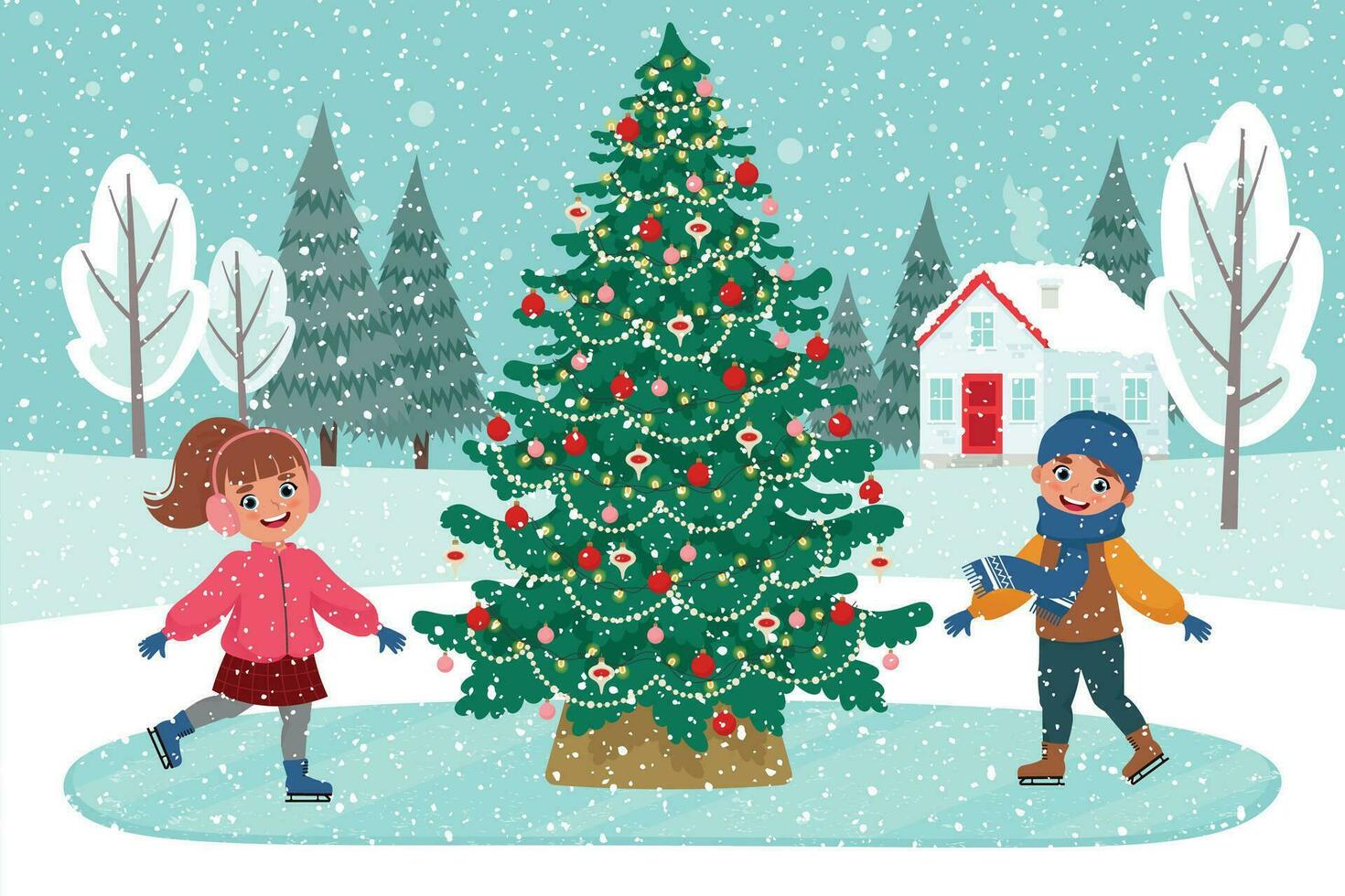 Natale albero nel inverno sfondo. bambini su pattini. piatto vettore illustrazione