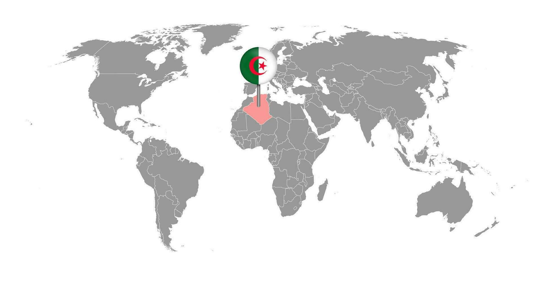 mappa pin con bandiera algeria sulla mappa del mondo. illustrazione vettoriale. vettore