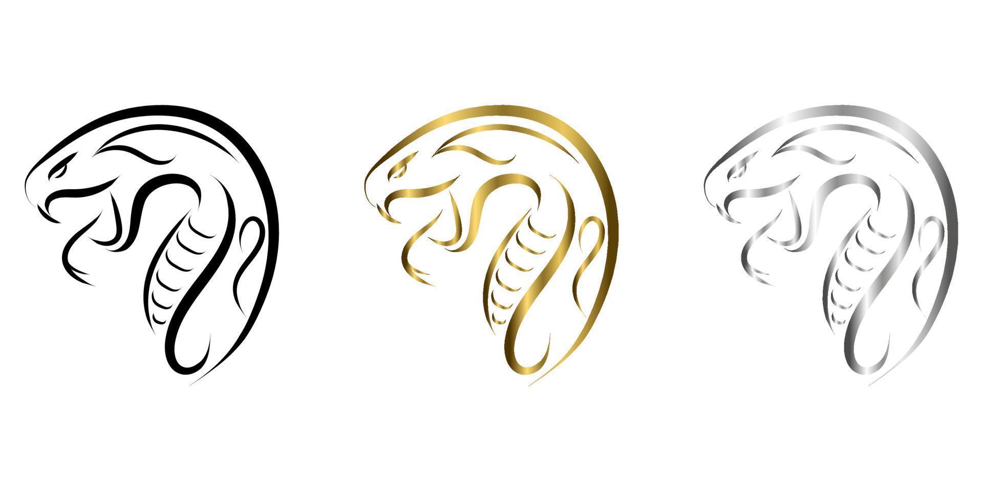 tre colori nero oro e argento linea arte della testa di serpente. vettore