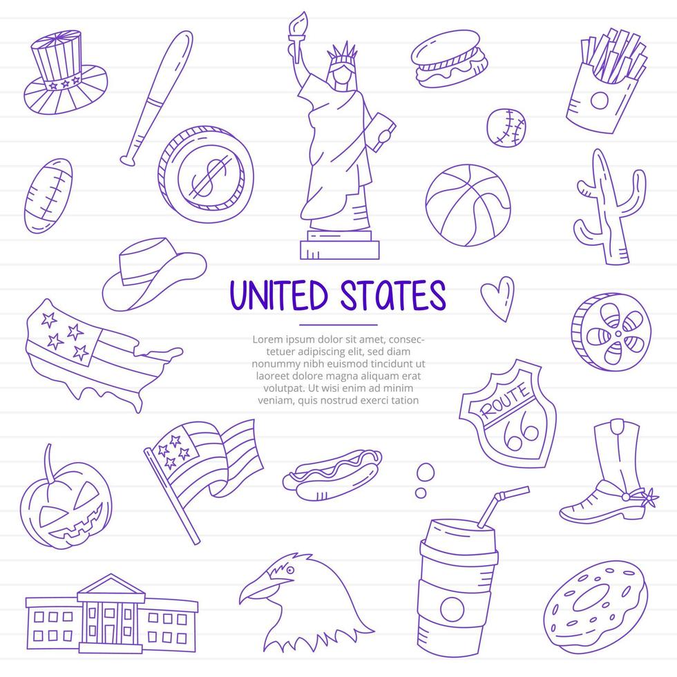 stati uniti stati uniti nazione o paese doodle disegnato a mano vettore