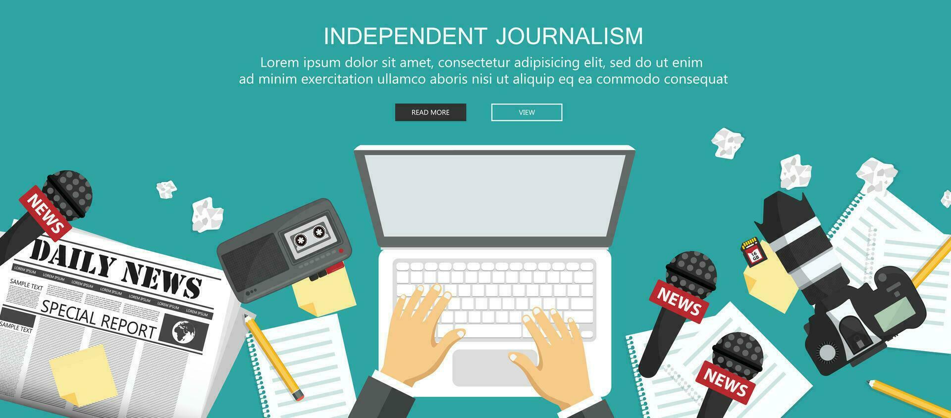 indipendente giornalismo piatto striscione. attrezzatura per giornalista su scrivania. piatto vettore illustrazione