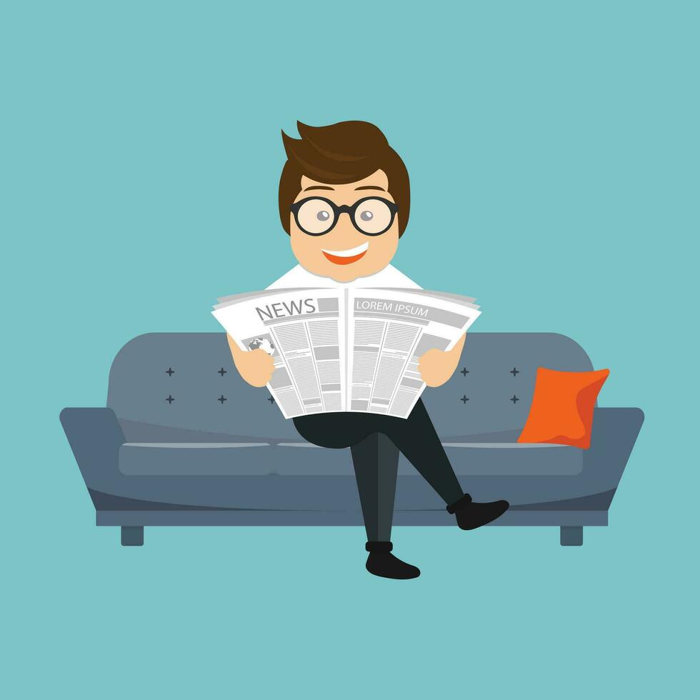 uomo d'affari lettura un' giornale su il divano nel un' camera o ufficio. piatto cartone animato vettore illustrazione