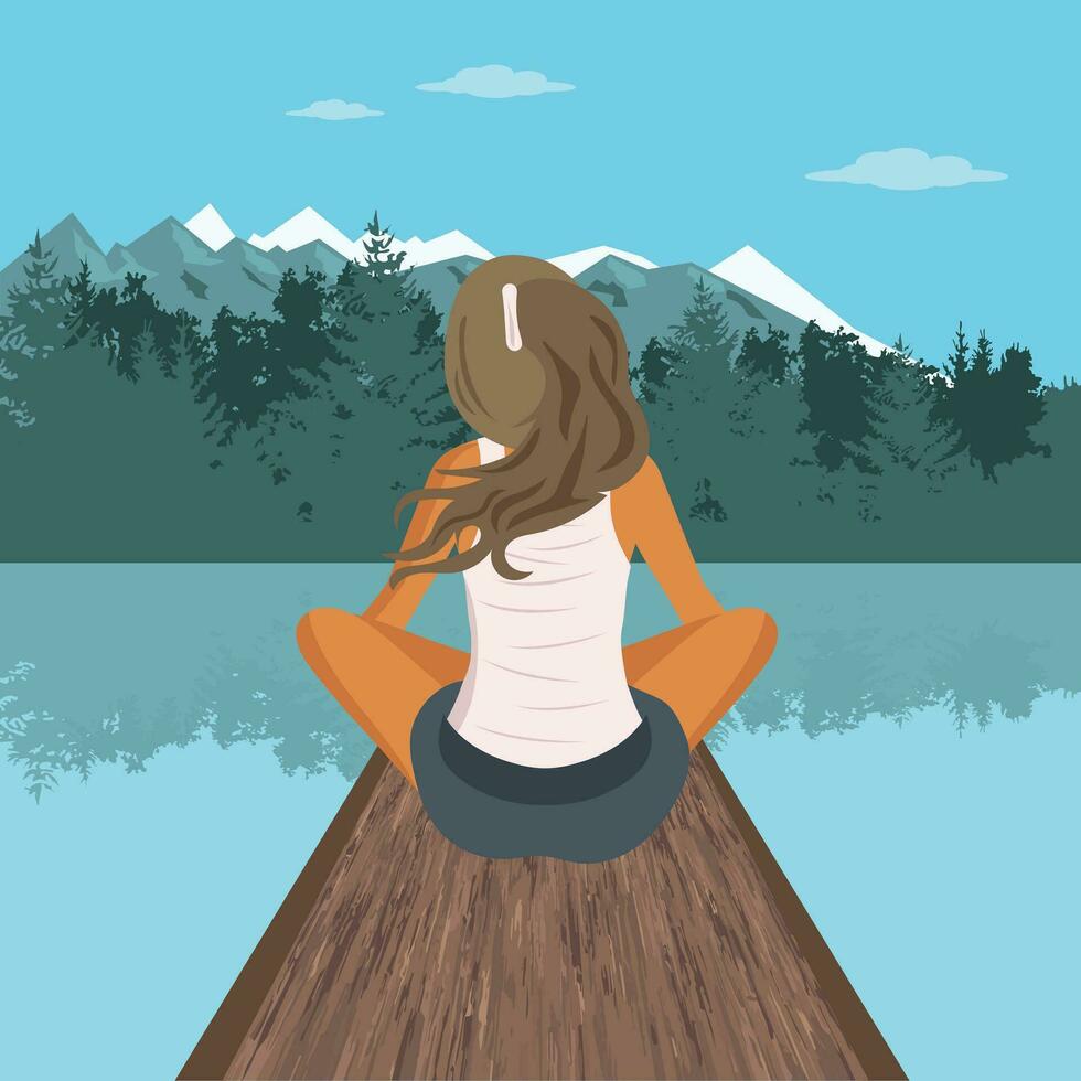 donna godendo sua vacanza su montagna lago. concetto per vacanze e viaggio. piatto vettore illustrazione