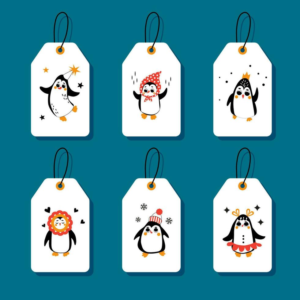 impostato di Natale regalo tag con carino pinguini. vettore cartoni animati nel piatto stile.