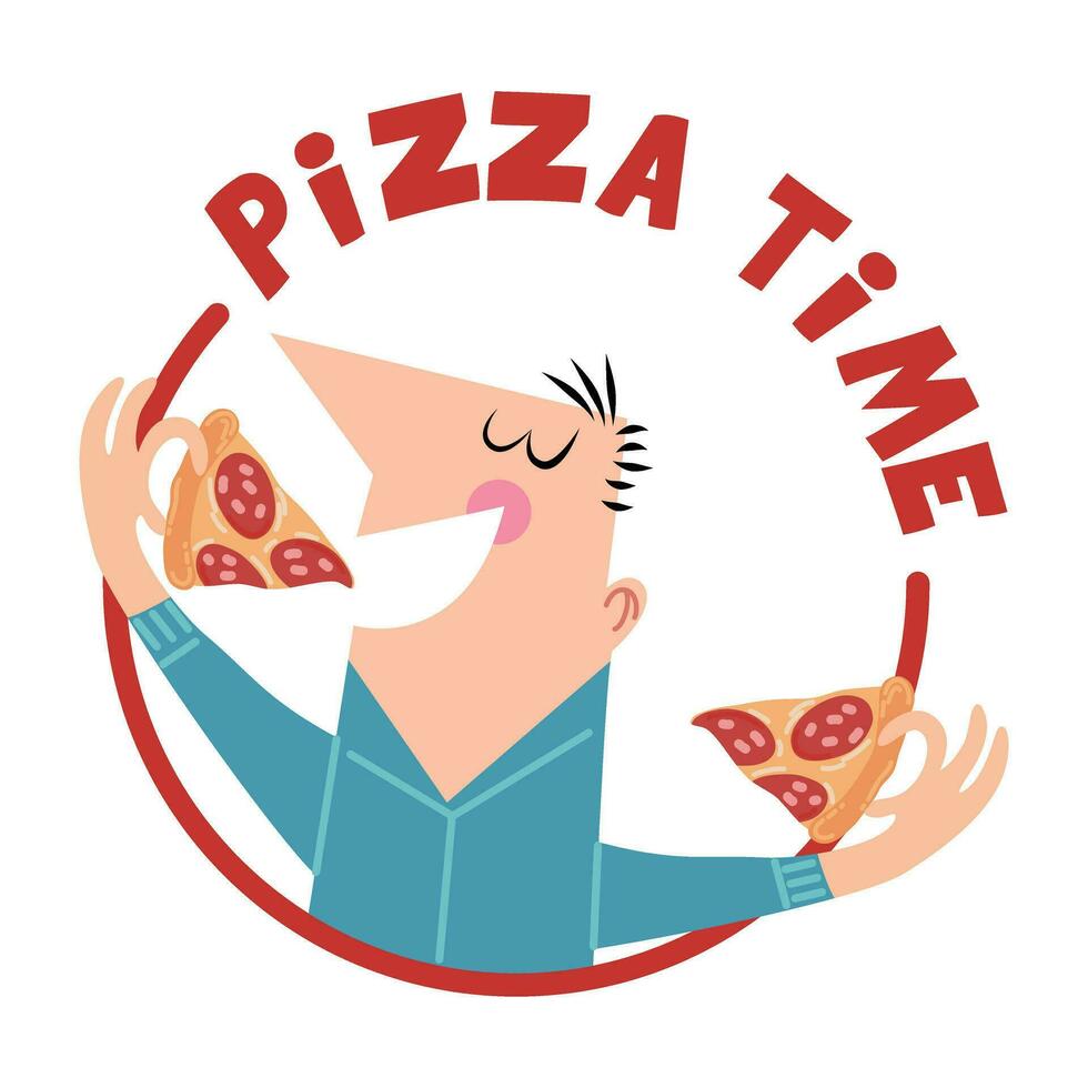 cartone animato personaggio mangiare Pizza. vettore illustrazione nel retrò stile. Pizza amante