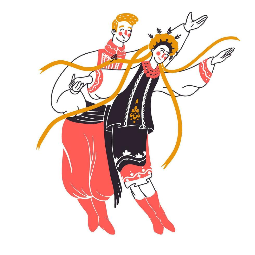un' tipo e un' ragazza nel nazionale costumi siamo ballando. ucraino popolare balli. coppia nel nazionale costumi. vettore illustrazione disegnato a mano. personaggi nel piatto stile