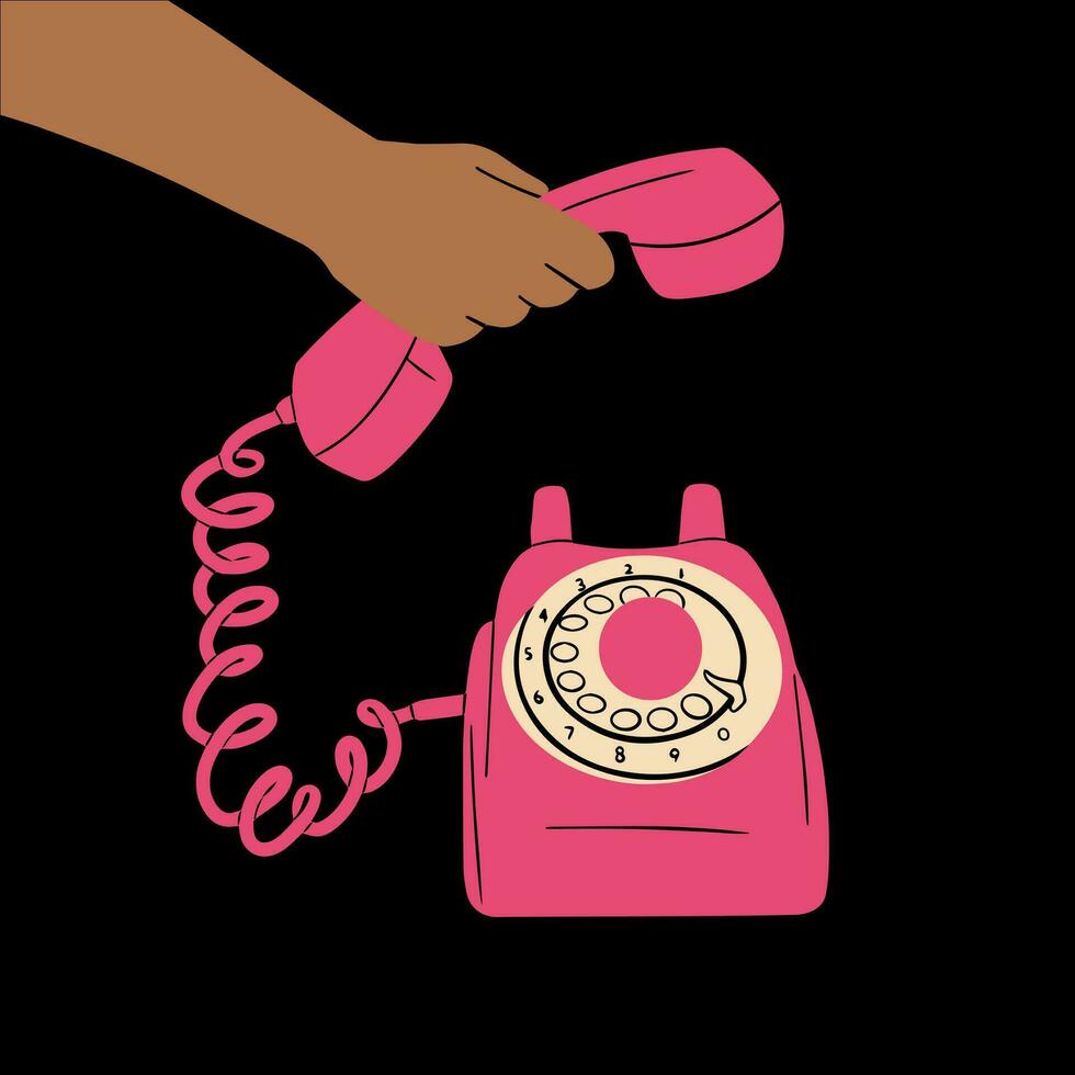 il mano detiene il ricevitore di un vecchio retrò rosa telefono. vettore illustrazione nel cartone animato stile. adatto per manifesti, stampe, stampa