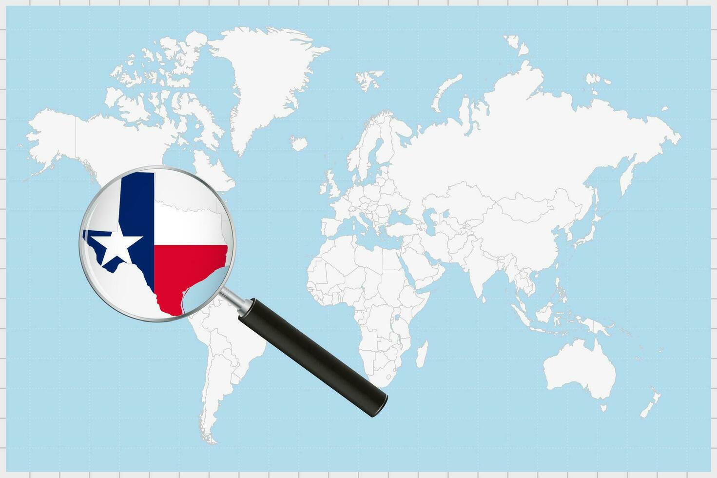 ingrandimento bicchiere mostrando un' carta geografica di Texas su un' mondo carta geografica. vettore