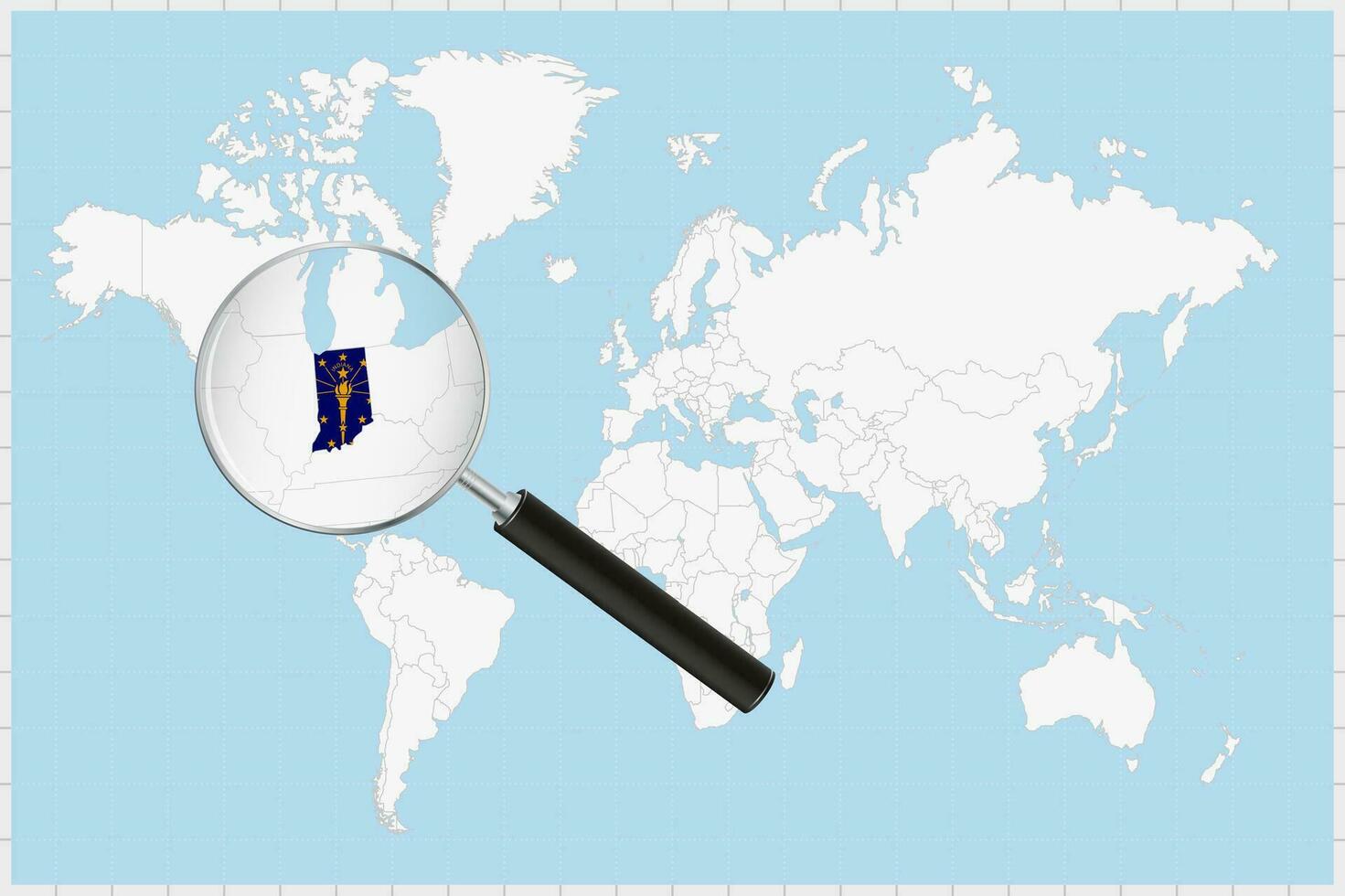 ingrandimento bicchiere mostrando un' carta geografica di Indiana su un' mondo carta geografica. vettore