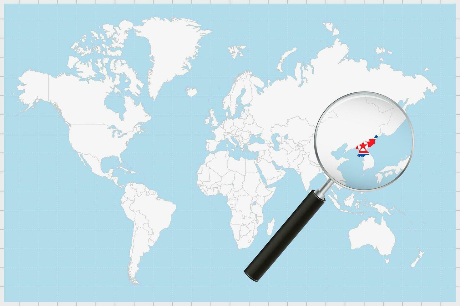 ingrandimento bicchiere mostrando un' carta geografica di nord Corea su un' mondo carta geografica. vettore