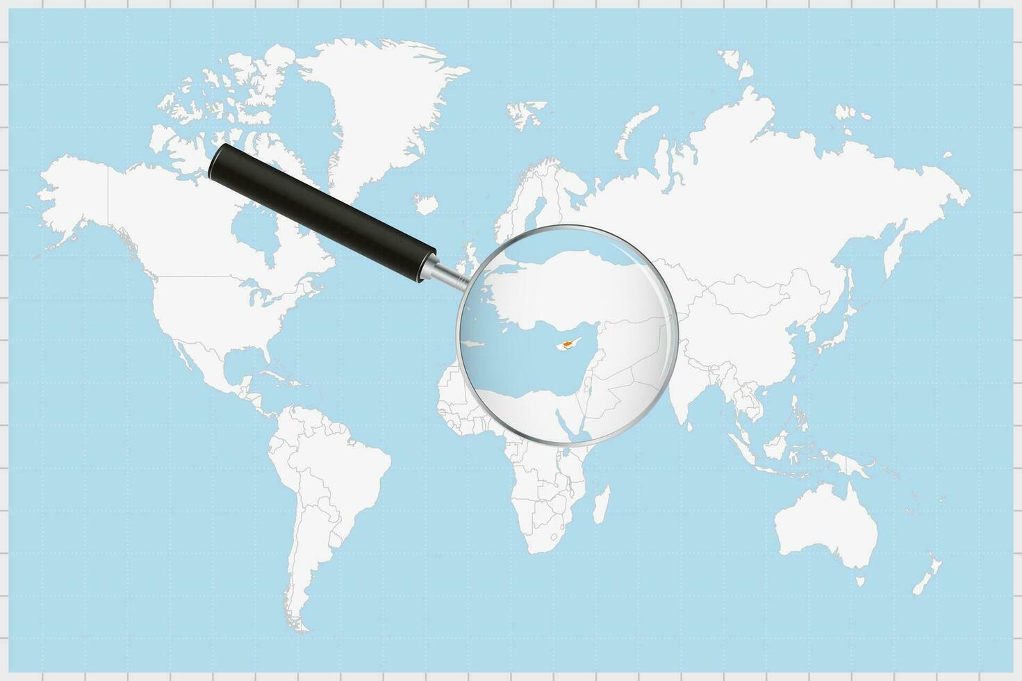 ingrandimento bicchiere mostrando un' carta geografica di Cipro su un' mondo carta geografica. vettore