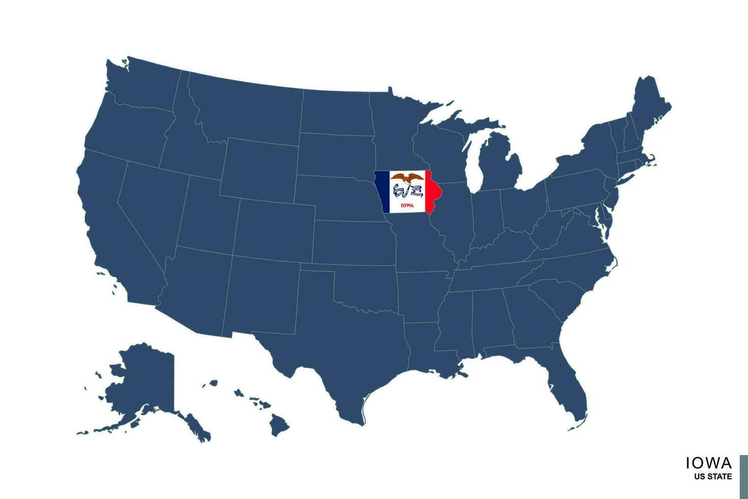 stato di Iowa su blu carta geografica di unito stati di America. bandiera e carta geografica di Iowa. vettore