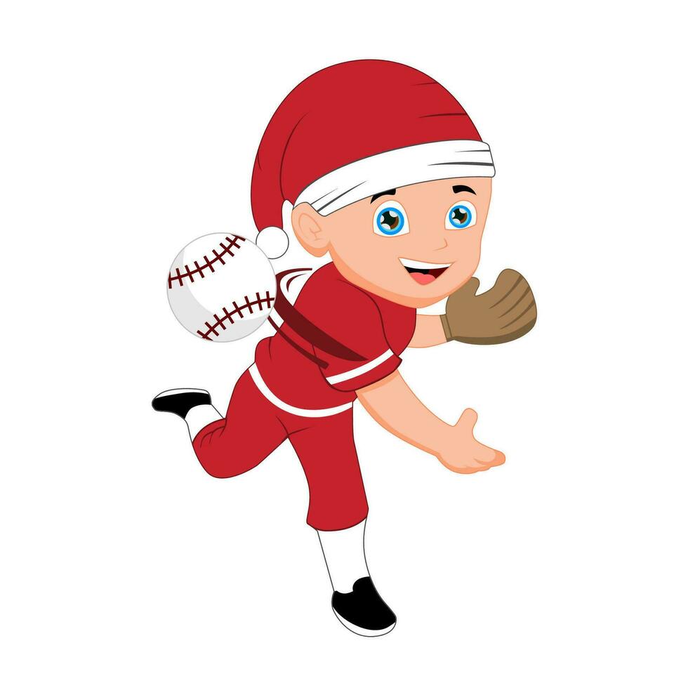 cartone animato giovane uomo lancio il palla per un' baseball e softball gioco, indossare un' Santa Claus costume vettore