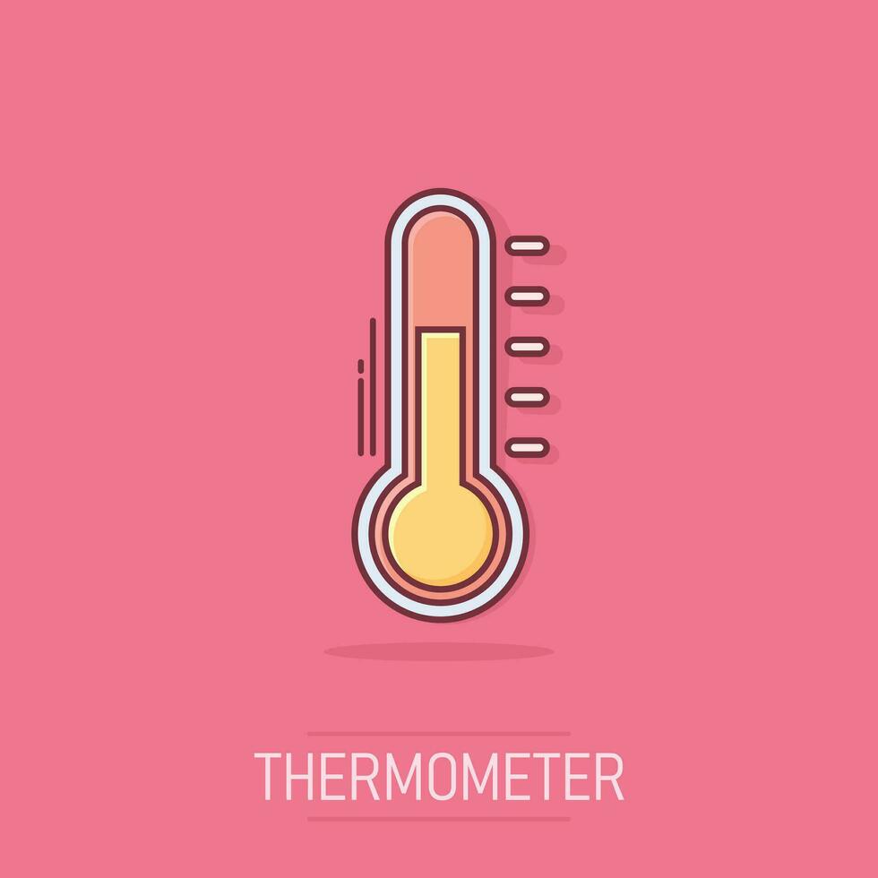 vettore termometro icona nel comico stile. obbiettivo cartello illustrazione pittogramma. termometro attività commerciale spruzzo effetto concetto.