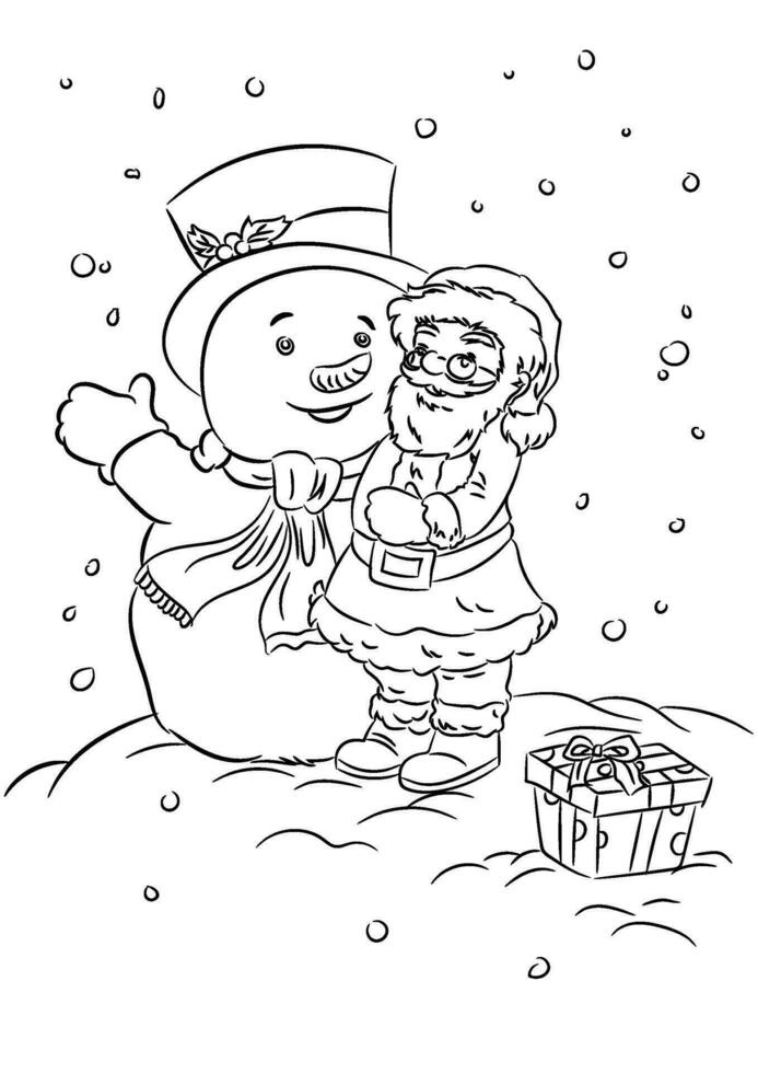 Santa Claus e pupazzo di neve. Natale colorazione pagina per bambini. vettore