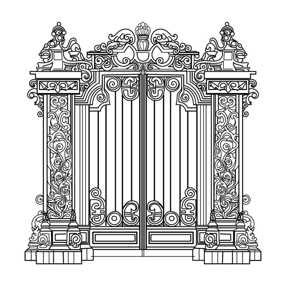schizzo di un' forgiato metallo giardino cancello nel il Rinascimento stile vettore