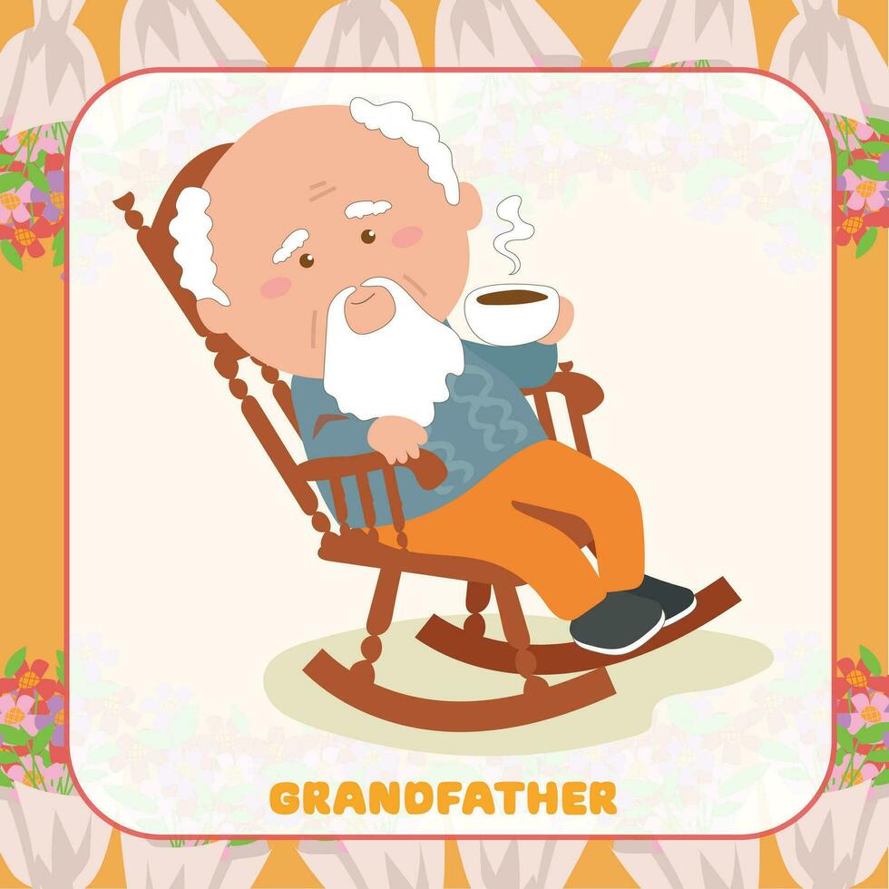 clipart di nonno godendo un' tazza di caffè mentre seduta su un' pigro sedia. internazionale anziano cittadino giorno edizione. vettore