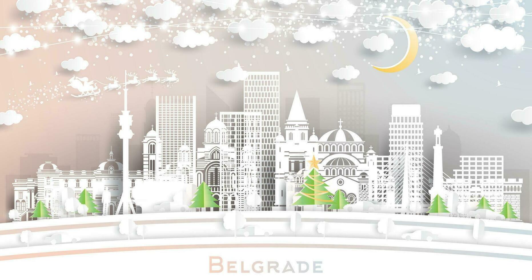 belgrado Serbia. inverno città orizzonte nel carta tagliare stile con fiocchi di neve, Luna e neon ghirlanda. Natale e nuovo anno concetto. Santa Claus su slitta. belgrado paesaggio urbano con punti di riferimento. vettore