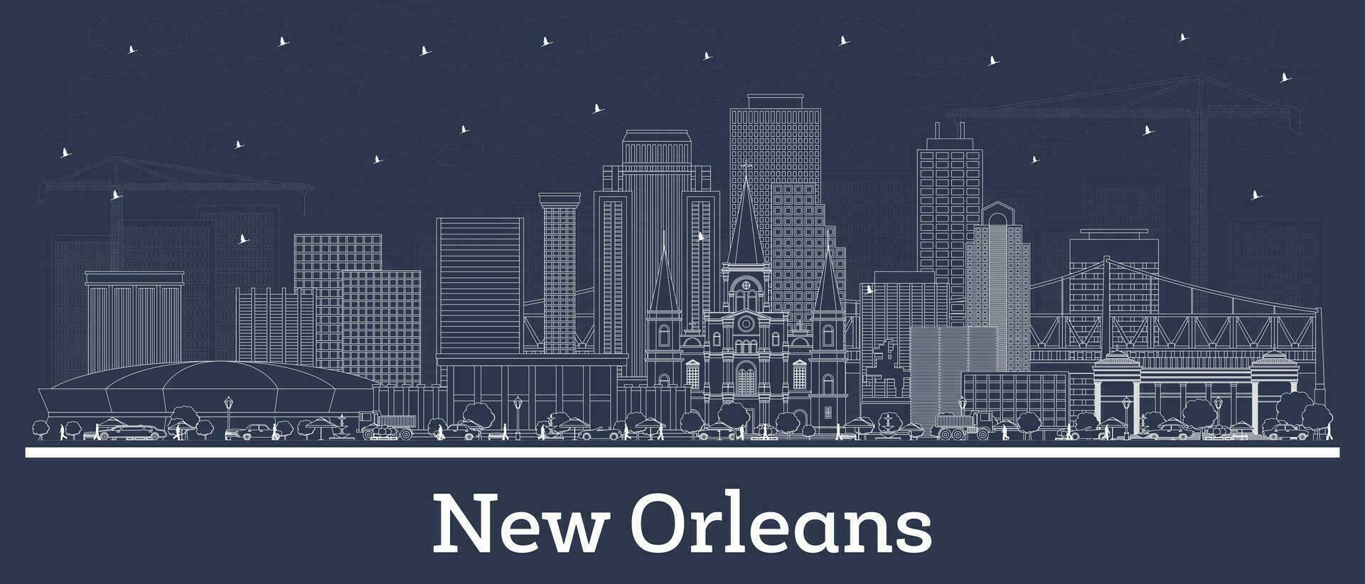 schema nuovo orleans Louisiana città orizzonte con bianca edifici. attività commerciale viaggio e turismo concetto con storico architettura. nuovo orleans paesaggio urbano con punti di riferimento. vettore