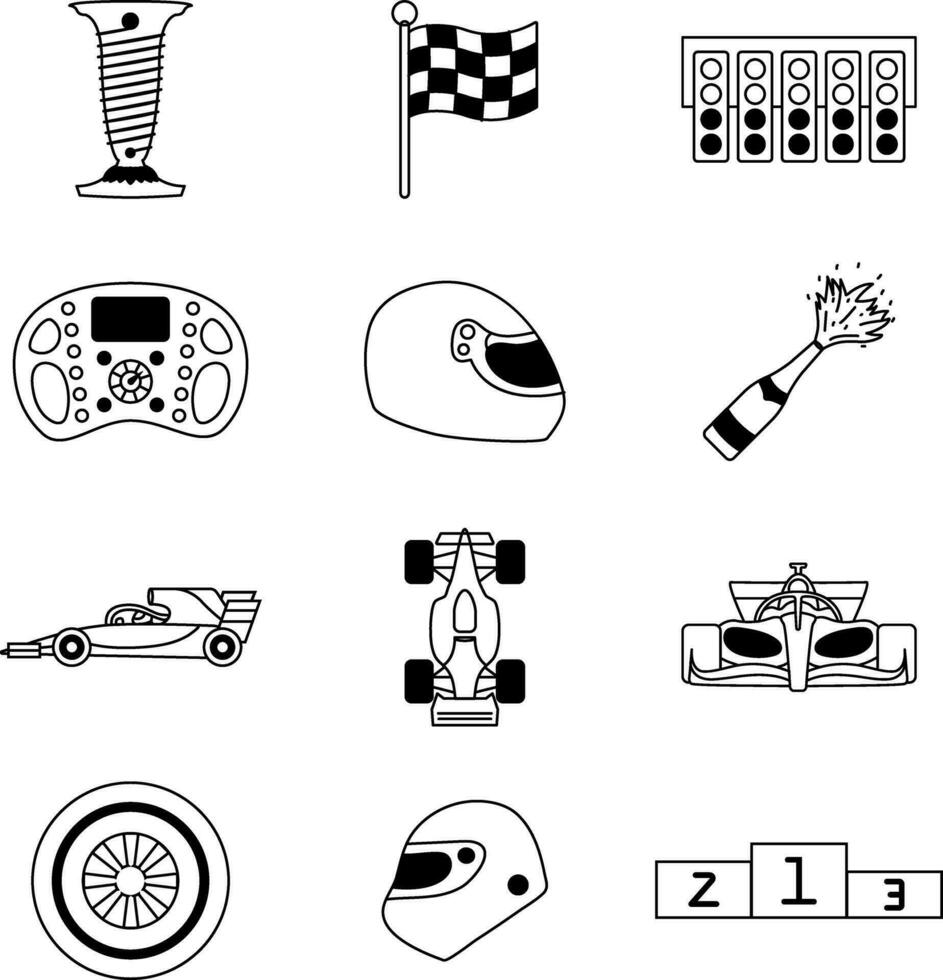 un' impostato di contorno icone su il tema di da corsa. diverso tipi di macchine, caschi e traccia elementi. vettore illustrazione