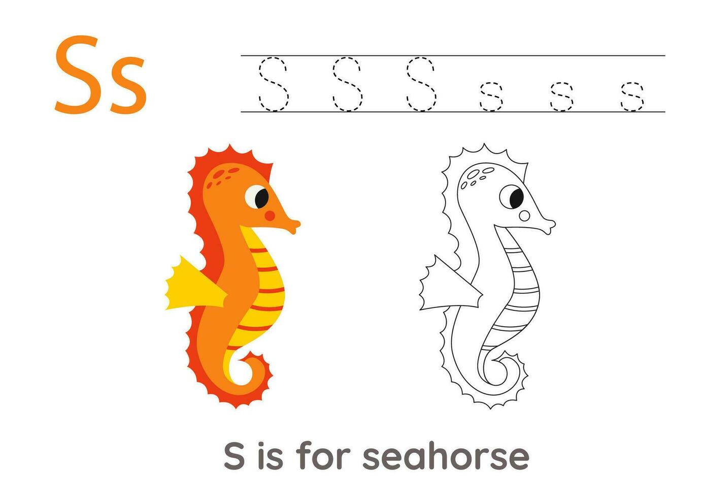 tracciato alfabeto lettere con carino animali. colore carino cavalluccio marino. tracciare lettera S. vettore
