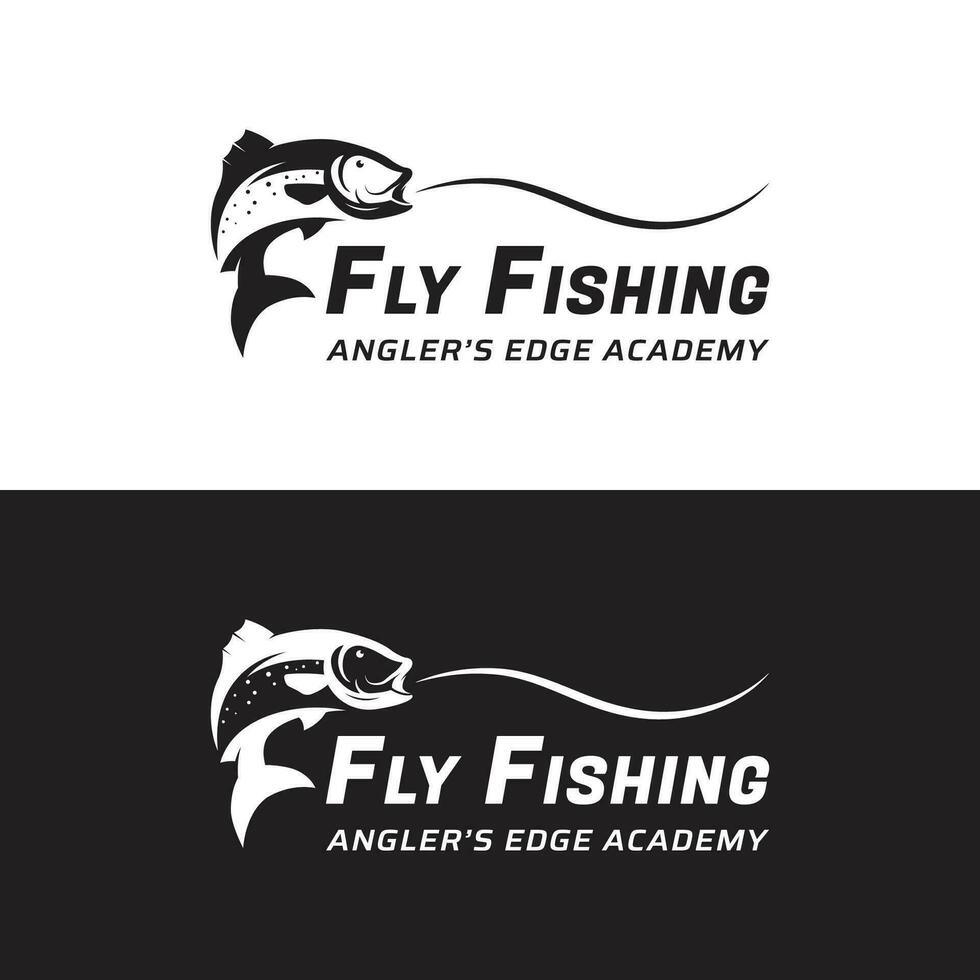 pesca club logo design con creativo pescatore e salto pesce. vettore