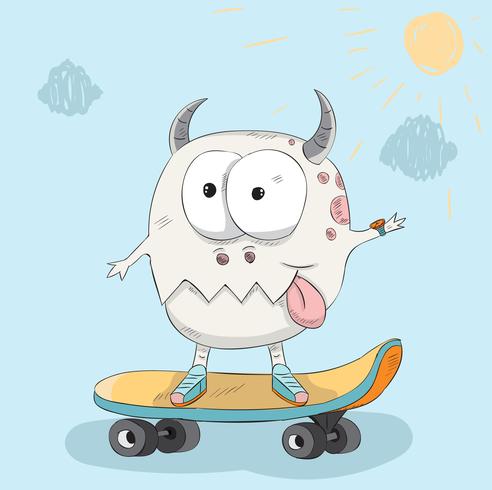 Carino piccolo mostro su una mano disegnata di skateboard vettore