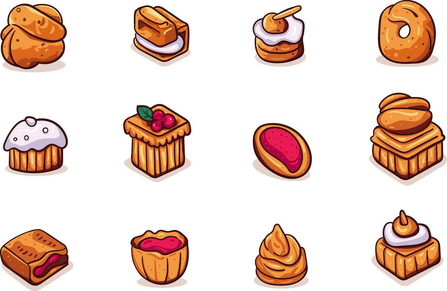 impostato di dolce torte, vettore illustrazione. dolce cibo simbolo. forno design elementi, loghi, distintivi, etichette e icone.