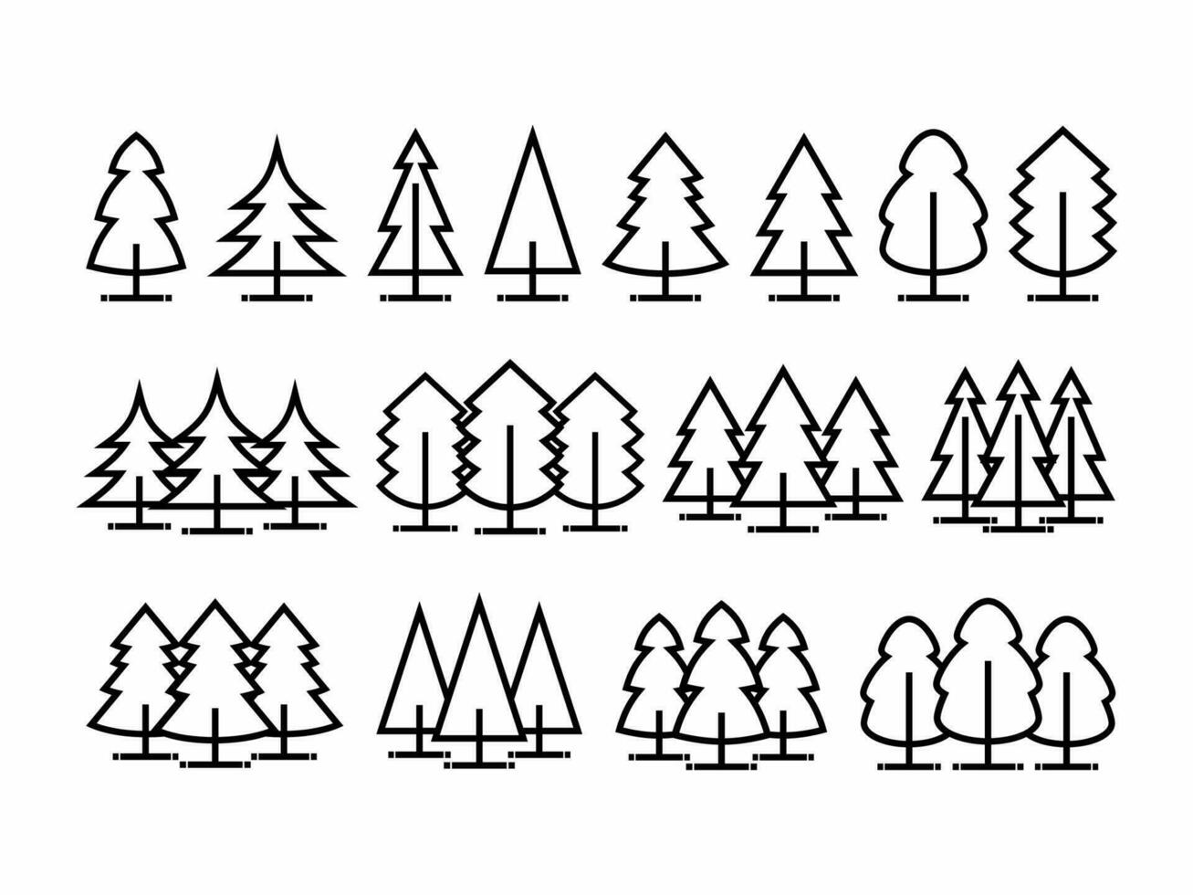 pino albero icona impostare. schema pino albero e pino foresta icona vettore, isolato su bianca sfondo. vettore