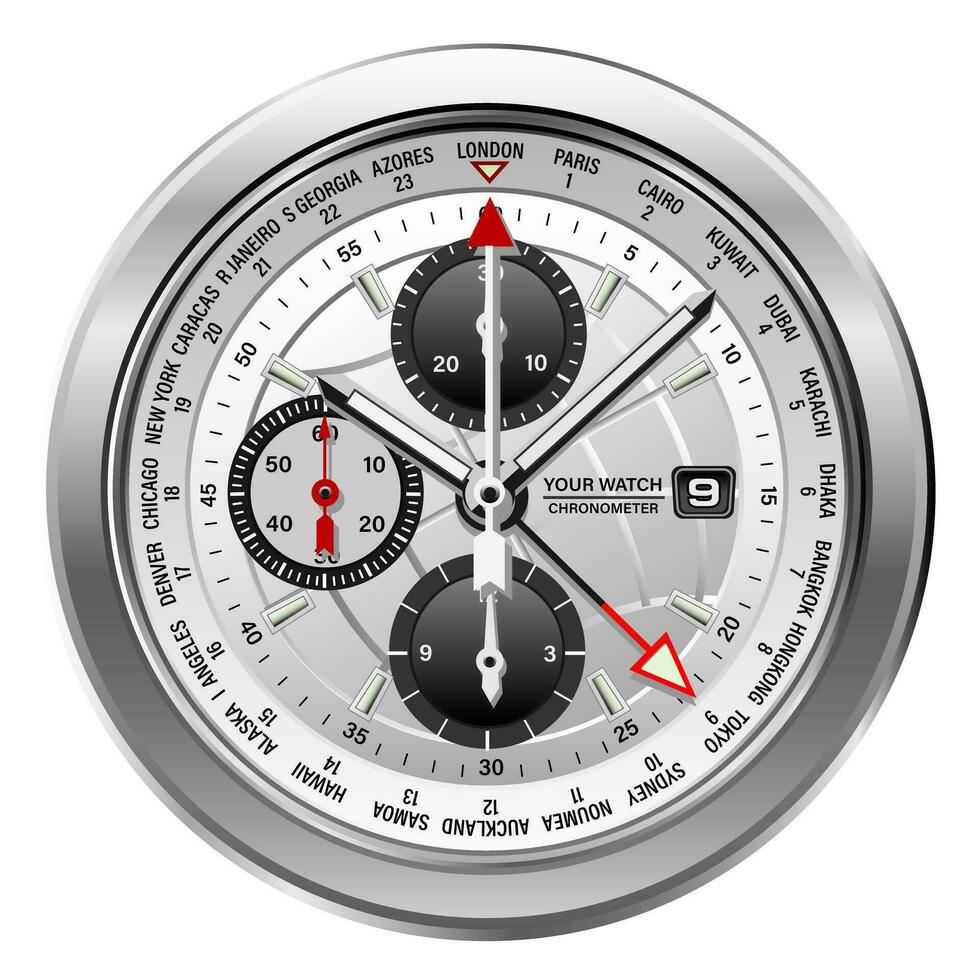 realistico nero argento bianco orologio quadrante orologio cronografo lusso isolato sfondo vettore