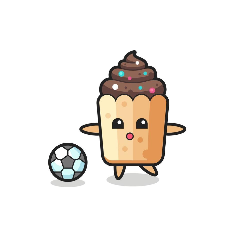 illustrazione del cartone animato cupcake sta giocando a calcio vettore