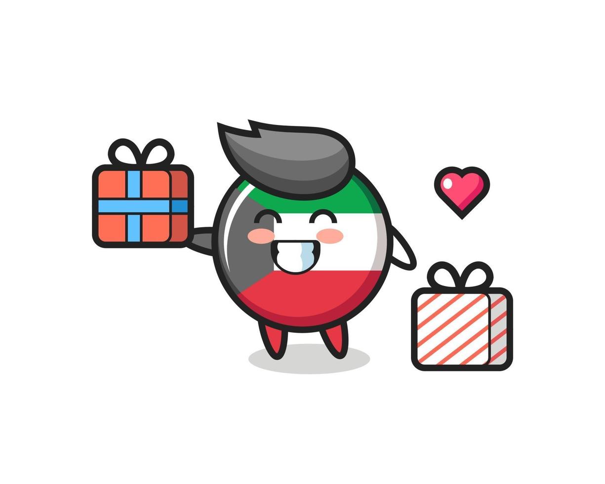 kuwait bandiera distintivo mascotte cartone animato dando il regalo vettore