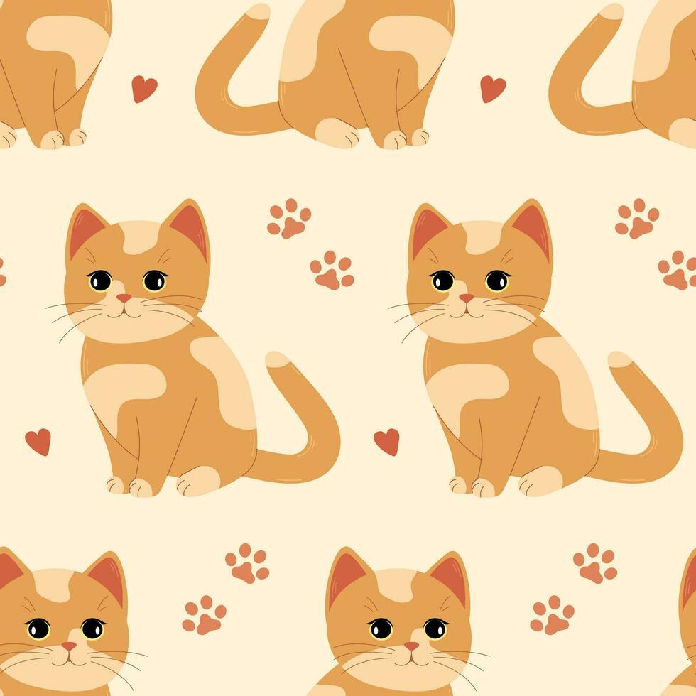 senza soluzione di continuità modello con carino macchiato arancia gatto, zampa votazione e cuori isolato su beige sfondo. vettore piatto illustrazione
