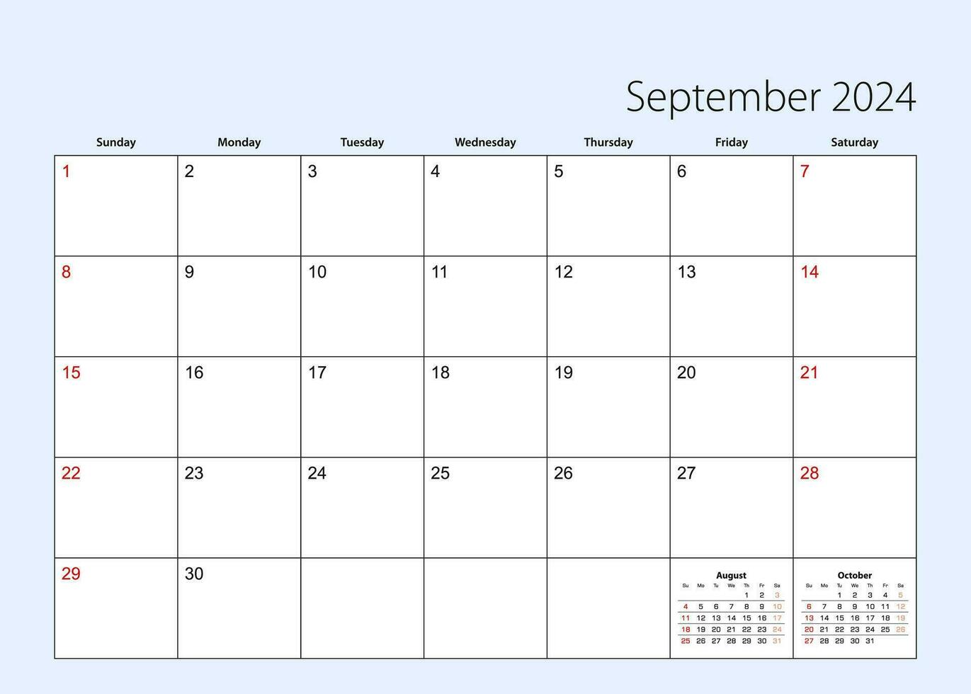 parete calendario progettista per settembre 2024. inglese linguaggio, settimana inizia a partire dal domenica. vettore
