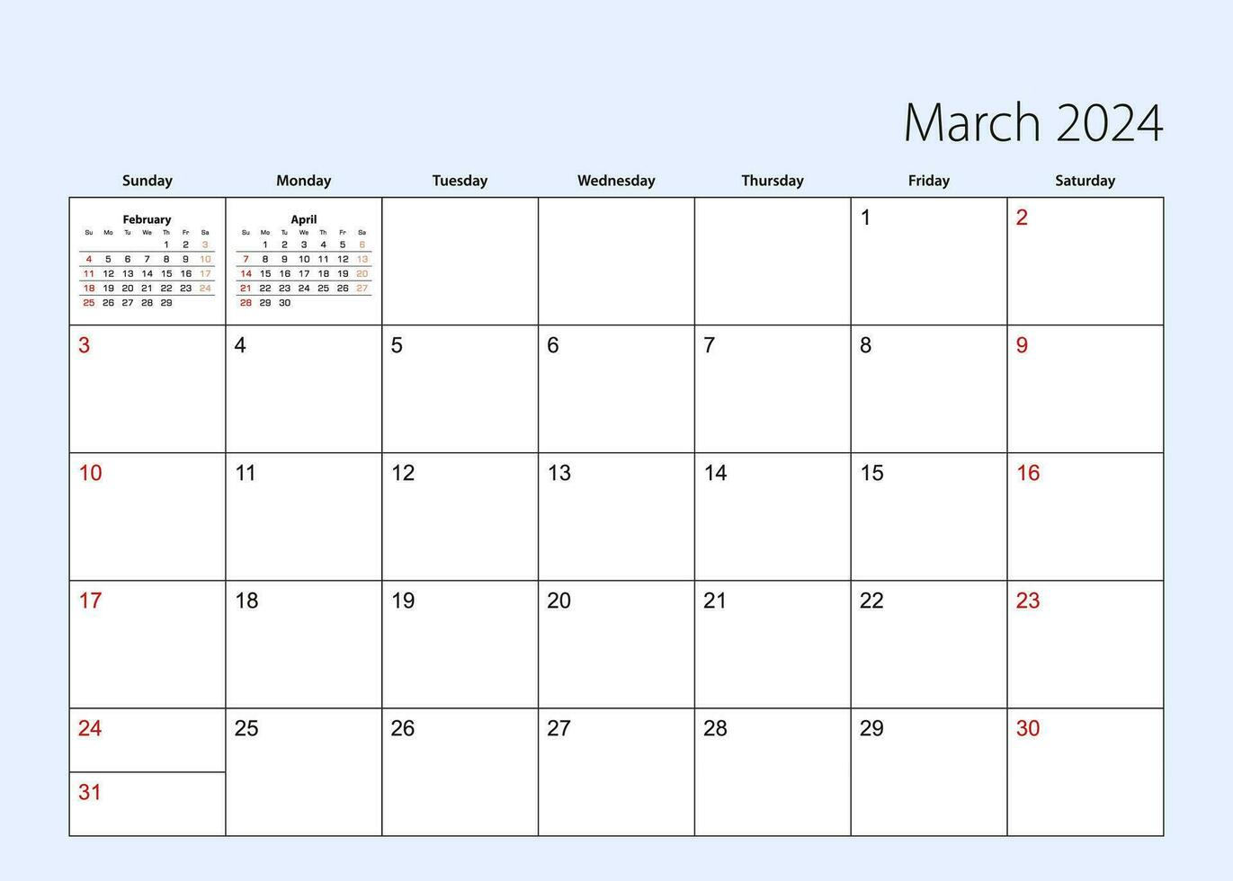 parete calendario progettista per marzo 2024. inglese linguaggio, settimana inizia a partire dal domenica. vettore
