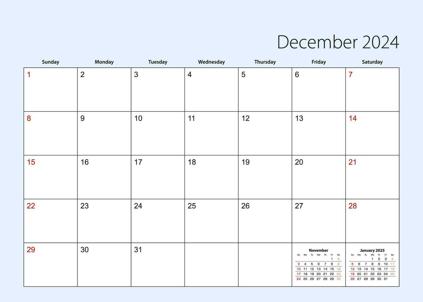 parete calendario progettista per dicembre 2024. inglese linguaggio, settimana inizia a partire dal domenica. vettore