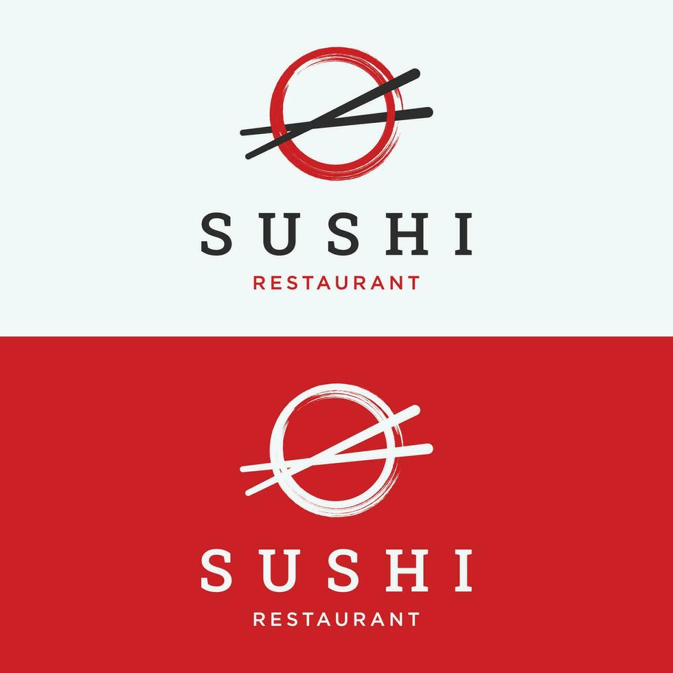 giapponese cibo Sushi logo design con attraversato bacchette. logo per ristorante, attività commerciale, sbarra. vettore