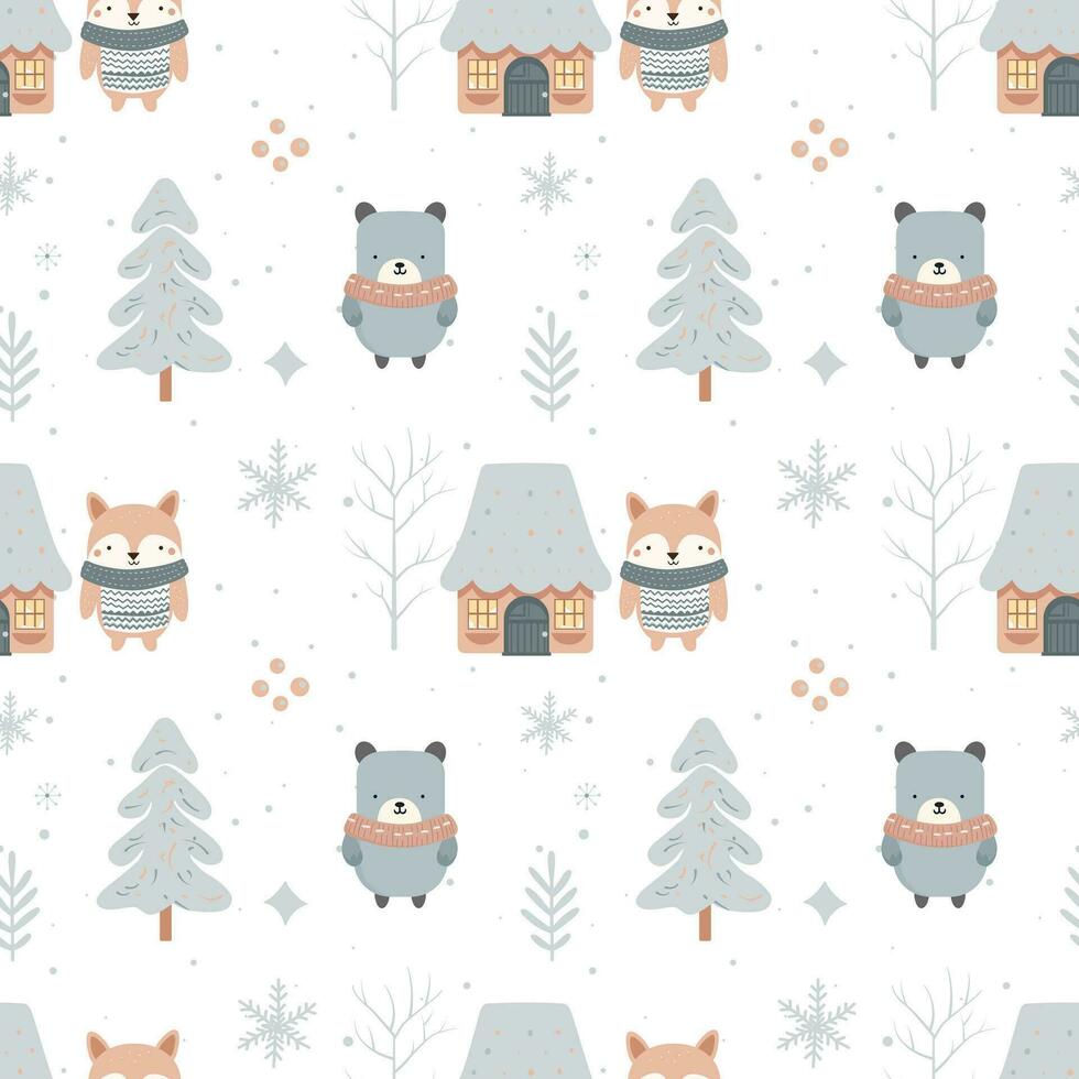 inverno senza soluzione di continuità modello con carino foresta animali. scandinavo Natale modello. inverno sfondo vettore