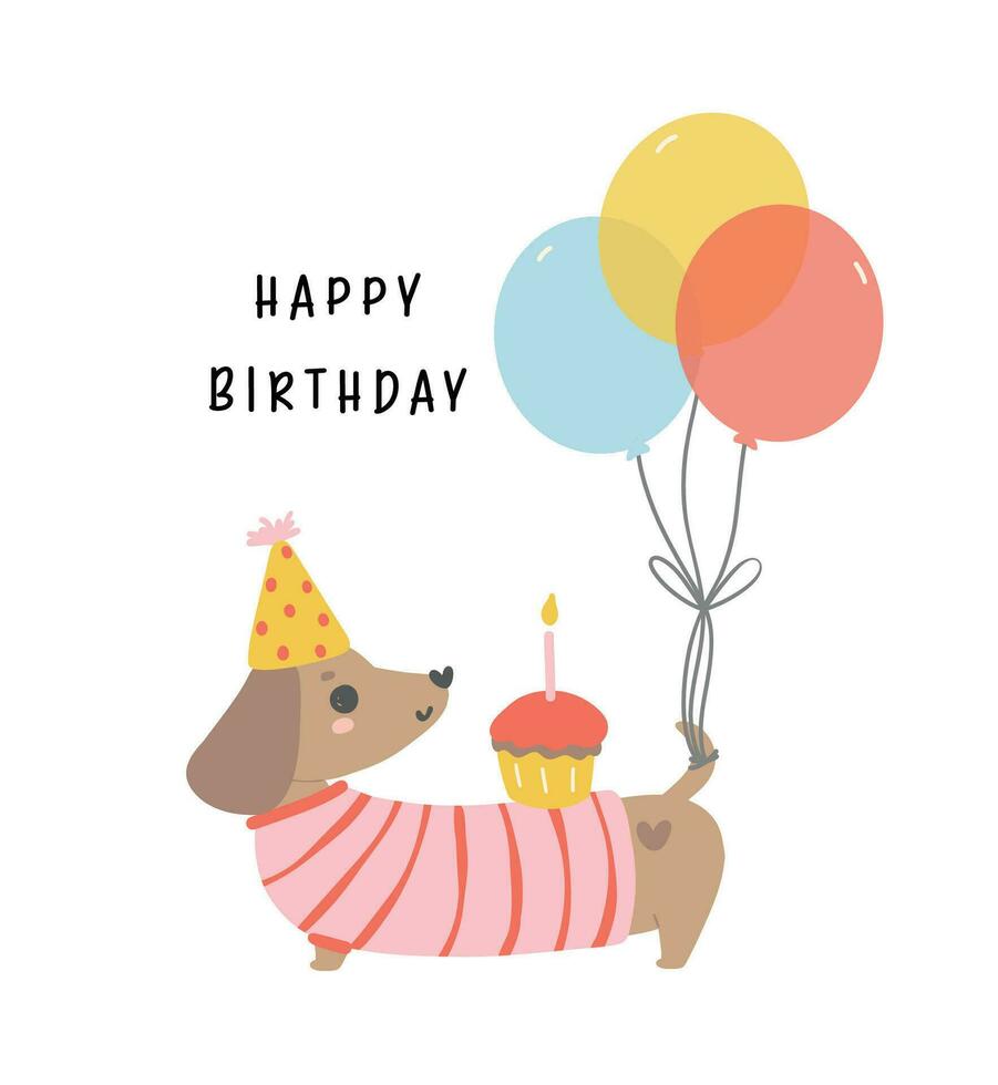 carino compleanno bassotto cane indossare festa cappello e avendo palloncini, festeggiare festa. kawaii saluto carta cartone animato mano disegno piatto design. vettore