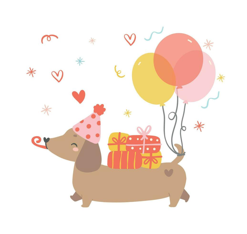 carino compleanno bassotto cane indossare festa cappello e avendo regalo scatole, festeggiare festa. kawaii saluto carta cartone animato mano disegno piatto design grafico illustrazione. vettore